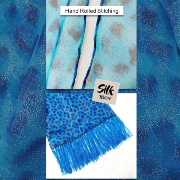 100% Silk Rectangle Scarf Sheer Blue Leopard Animal Print Silvery Dots Tassels - Picture 6 of 12